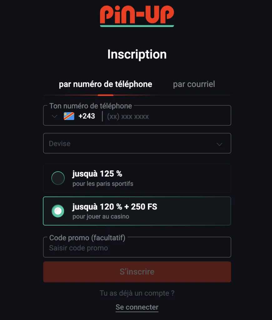 Inscription au casino Pin Up